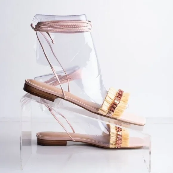 Anthropologie Embellished Tie Up Raffia Sandals Pink Rose EU 36 US 6 New - Picture 7 of 10